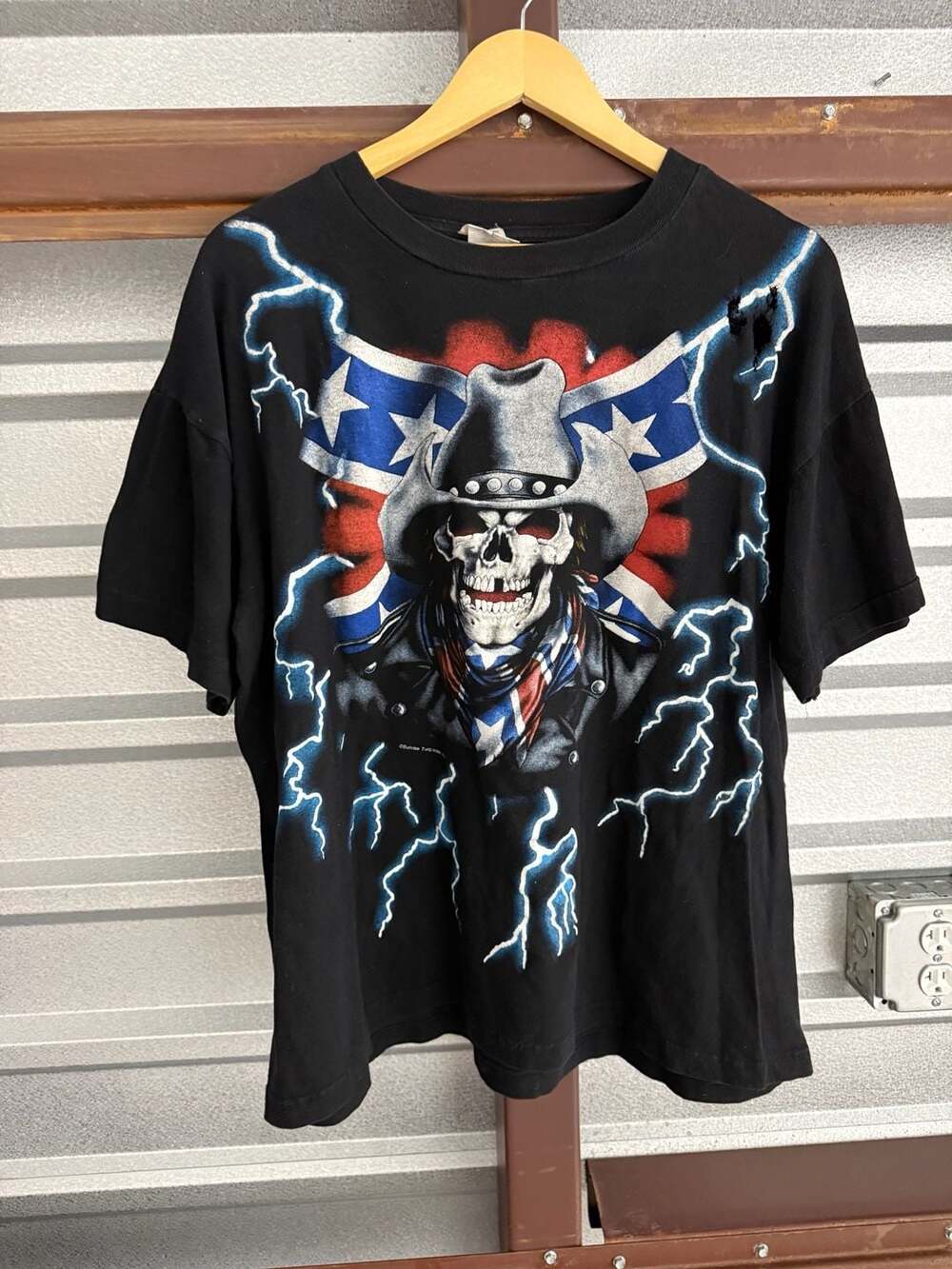 Vintage American Thunder Rebel Skull Lightning T-Shirt Size XL